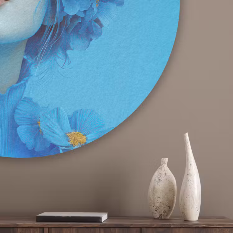 Vrouw - Bloem - Blauw - Modern - Bril - Portret Akoestische PET Vilt - Rond klein -sfeer5_closeup