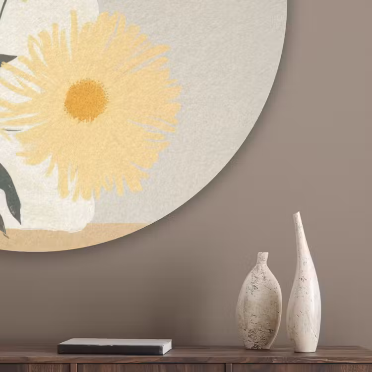 Vrouw - Bloem - Geel - Minimalistisch Akoestische PET Vilt - Rond klein -sfeer5_closeup
