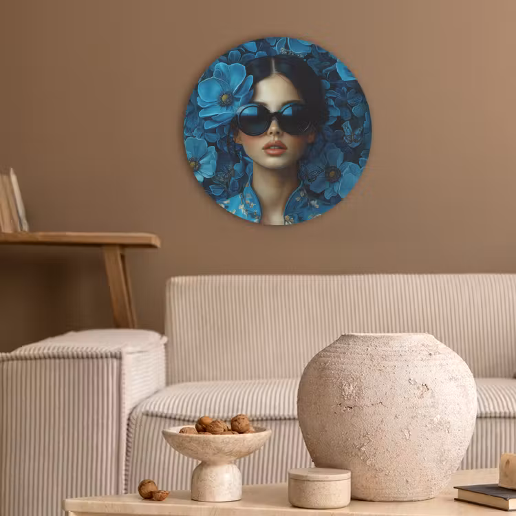 Vrouw - Bloemen - Blauw - Aesthetic - Luxe Akoestische PET Vilt - Rond klein -sfeer1