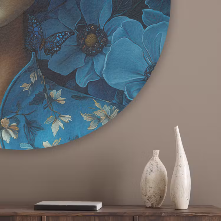 Vrouw - Bloemen - Blauw - Aesthetic - Luxe Akoestische PET Vilt - Rond klein -sfeer5_closeup