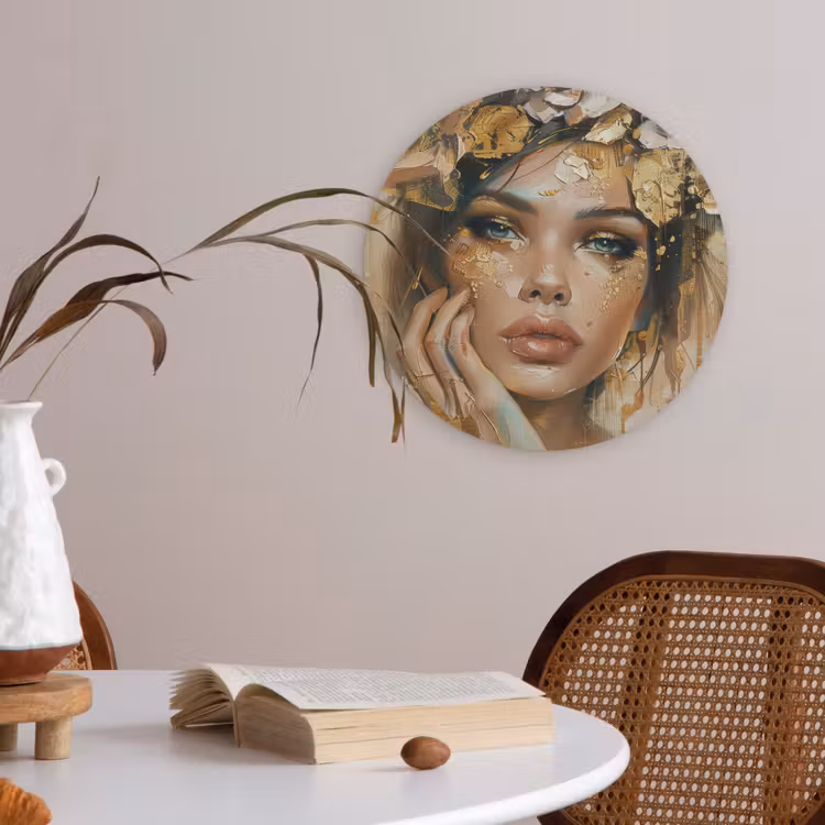 Vrouw - Bloemen - Goud - Portret Akoestische PET Vilt - Rond klein -sfeer3