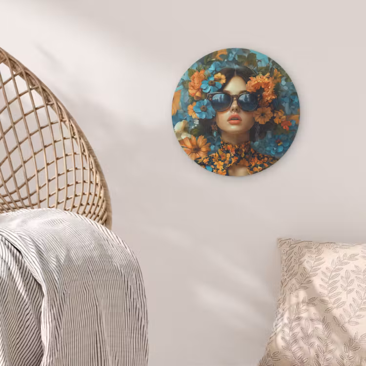 Vrouw - Bloemen - Oranje - Blauw - Modern Akoestische PET Vilt - Rond klein -sfeer4
