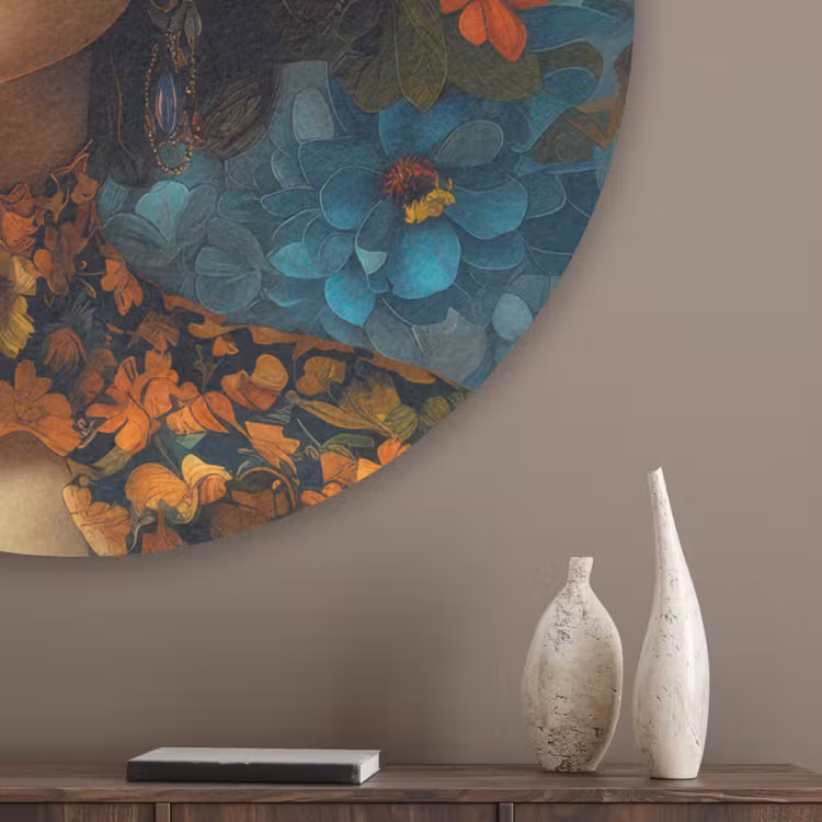 Vrouw - Bloemen - Oranje - Blauw - Modern Akoestische PET Vilt - Rond klein -sfeer5_closeup