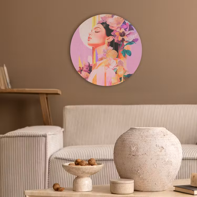 Vrouw - Bloemen - Paars - Abstract Akoestische PET Vilt - Rond klein -sfeer1