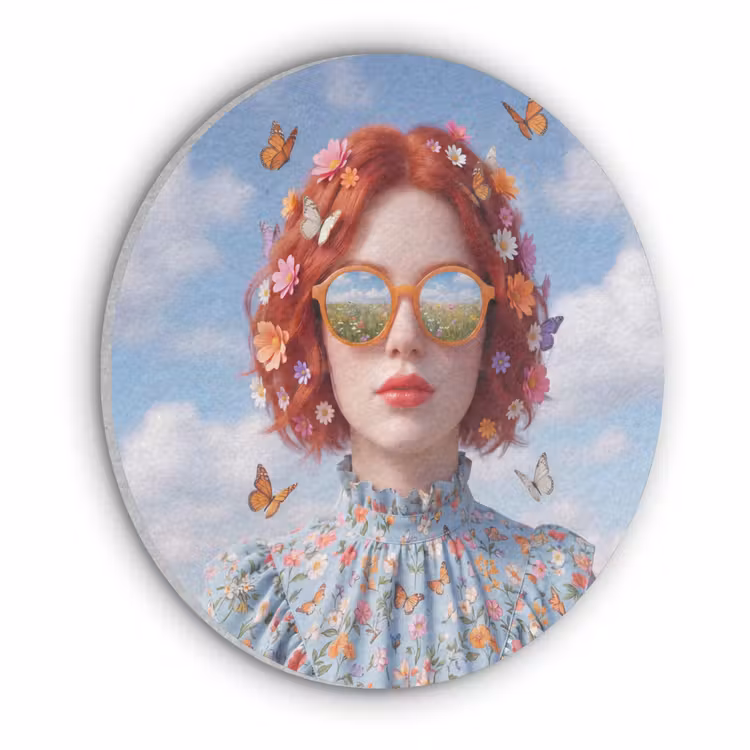 Vrouw - Bloemen - Zomer - Portret - Kleurrijk Akoestische PET Vilt - Rond klein -3d