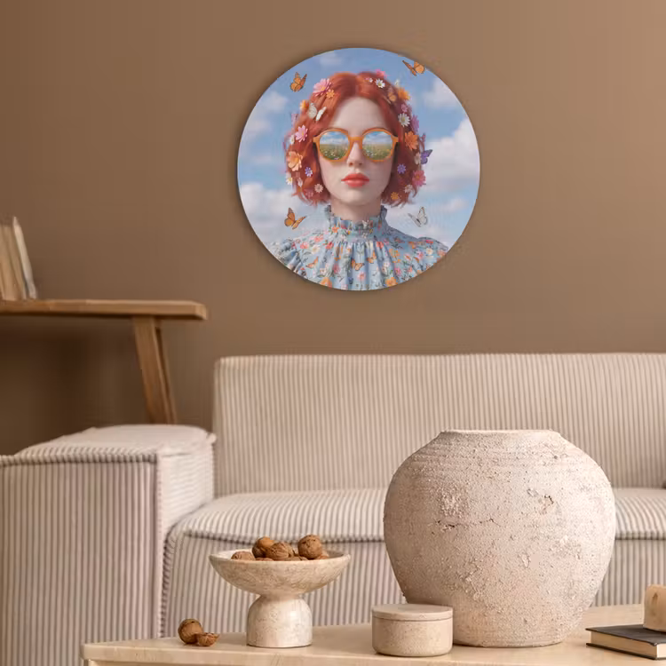Vrouw - Bloemen - Zomer - Portret - Kleurrijk Akoestische PET Vilt - Rond klein -sfeer1