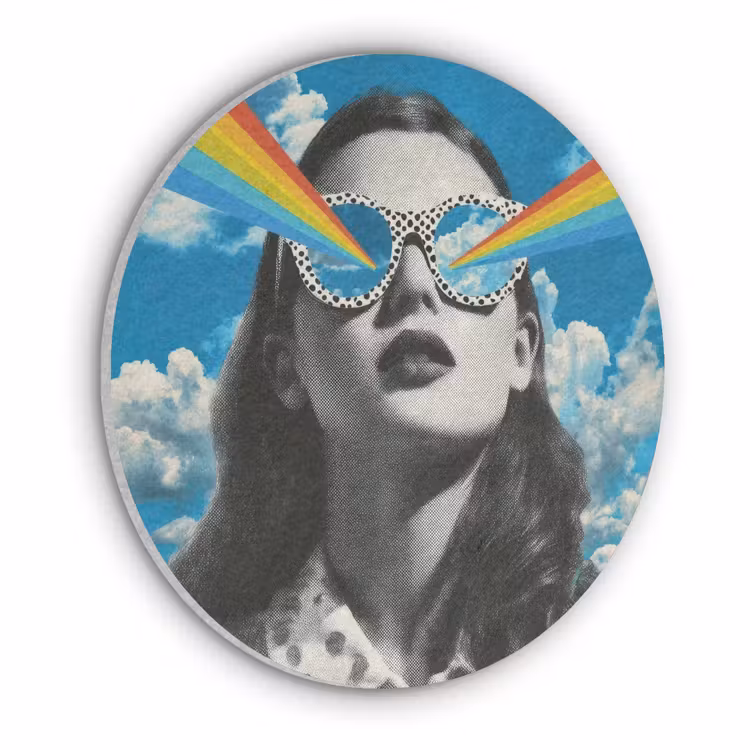 Vrouw - Bril - Regenboog - Wolken Akoestische PET Vilt - Rond klein -3d