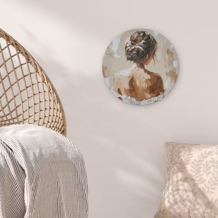 Vrouw - Verf - Abstract - Beige - Modern Akoestische PET Vilt - Rond klein -sfeer4