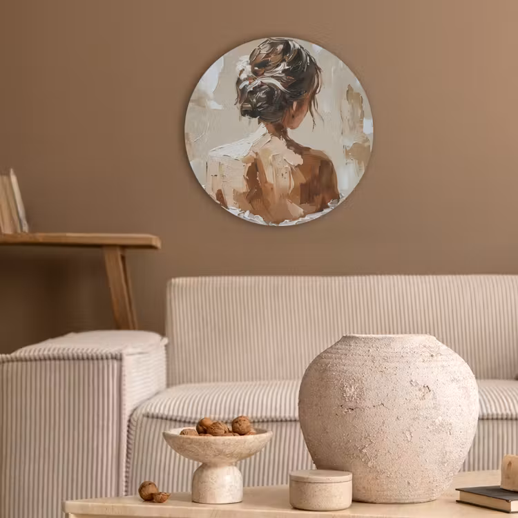 Vrouw - Verf - Abstract - Beige - Modern Akoestische PET Vilt - Rond klein -sfeer1