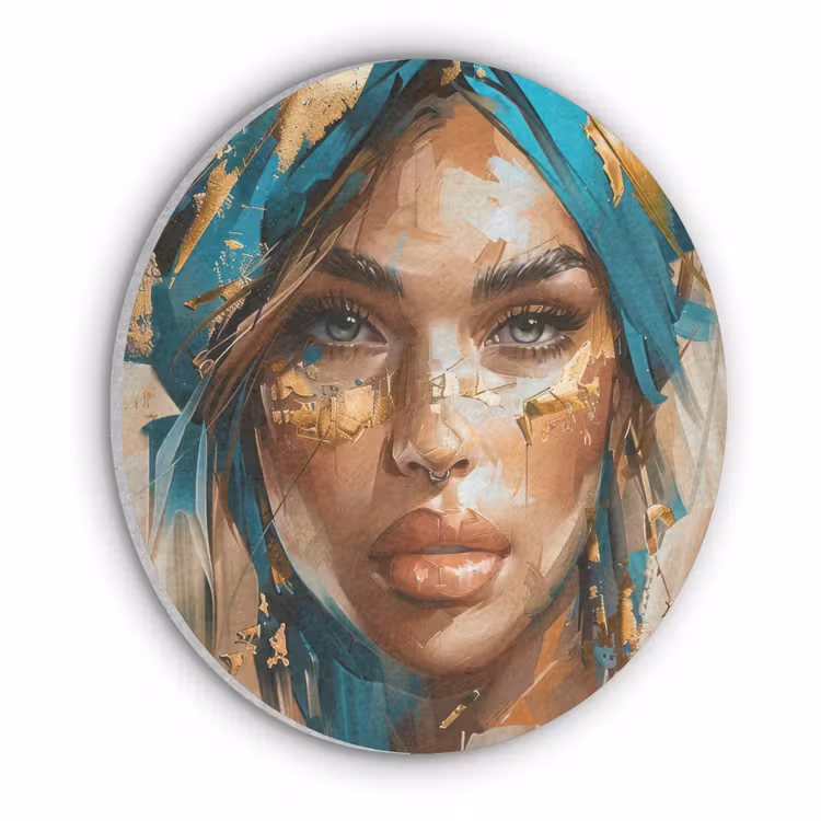 Vrouw - Portret - Goud - Luxe - Blauw Akoestische PET Vilt - Rond klein -3d