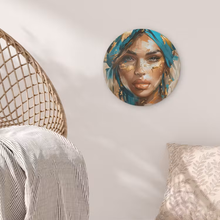 Vrouw - Portret - Goud - Luxe - Blauw Akoestische PET Vilt - Rond klein -sfeer4