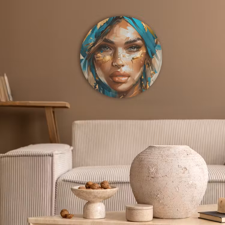 Vrouw - Portret - Goud - Luxe - Blauw Akoestische PET Vilt - Rond klein -sfeer1