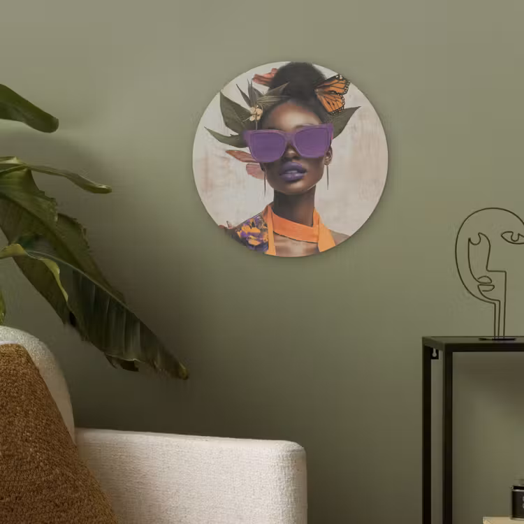 Vrouw - Zonnebril - Vlinder - Bloemen Akoestische PET Vilt - Rond klein -sfeer2