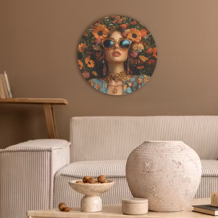 Vrouwen - Bloemen - Modern - Bril - Abstract Akoestische PET Vilt - Rond klein -sfeer1
