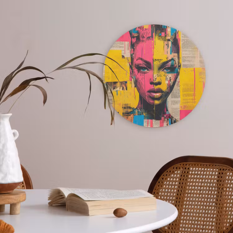 Vrouwengezicht - Krantenpapier - Abstract - Roze Akoestische PET Vilt - Rond klein -sfeer3