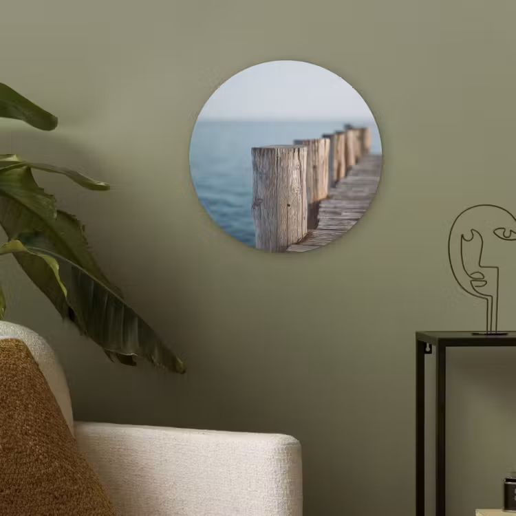 Houten steiger - Helderblauwe lucht Akoestische PET Vilt - Rond klein -sfeer2