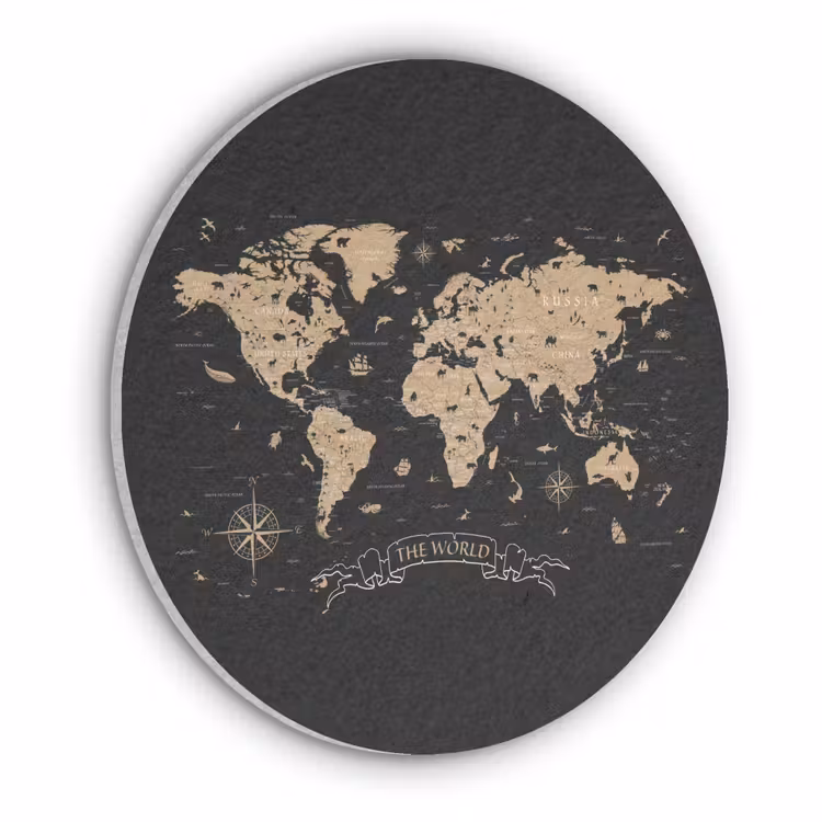 Wereldkaart - Beige - Zwart Akoestische PET Vilt - Rond klein -3d