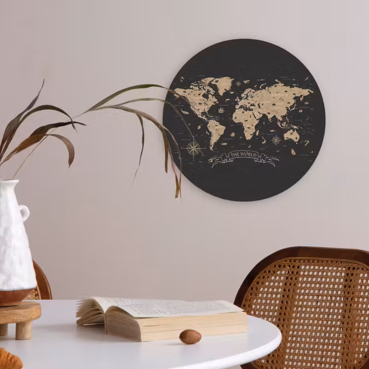Wereldkaart - Beige - Zwart Akoestische PET Vilt - Rond klein -sfeer3