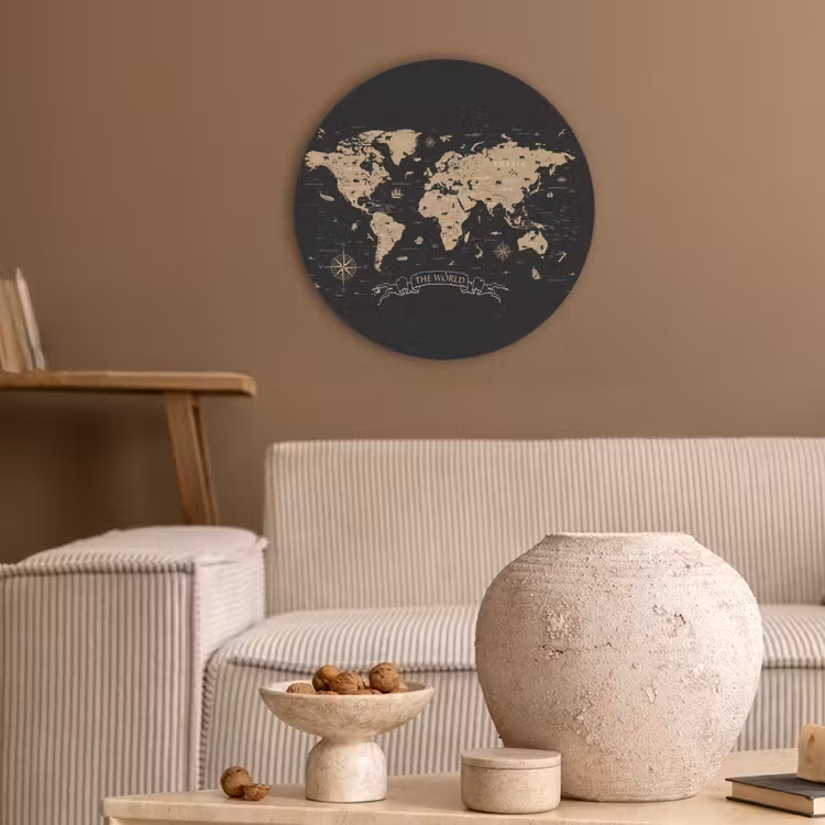 Wereldkaart - Beige - Zwart Akoestische PET Vilt - Rond klein -sfeer1