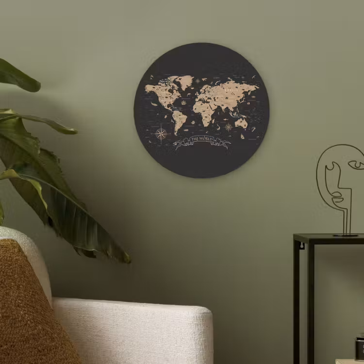 Wereldkaart - Beige - Zwart Akoestische PET Vilt - Rond klein -sfeer2