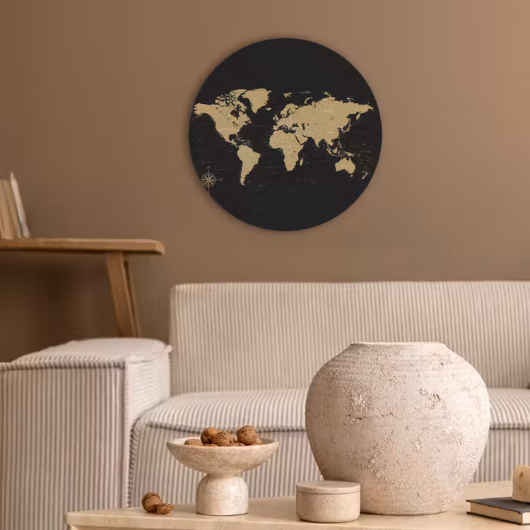 Wereldkaart - Beige - Zwart Akoestische PET Vilt - Rond klein -sfeer1