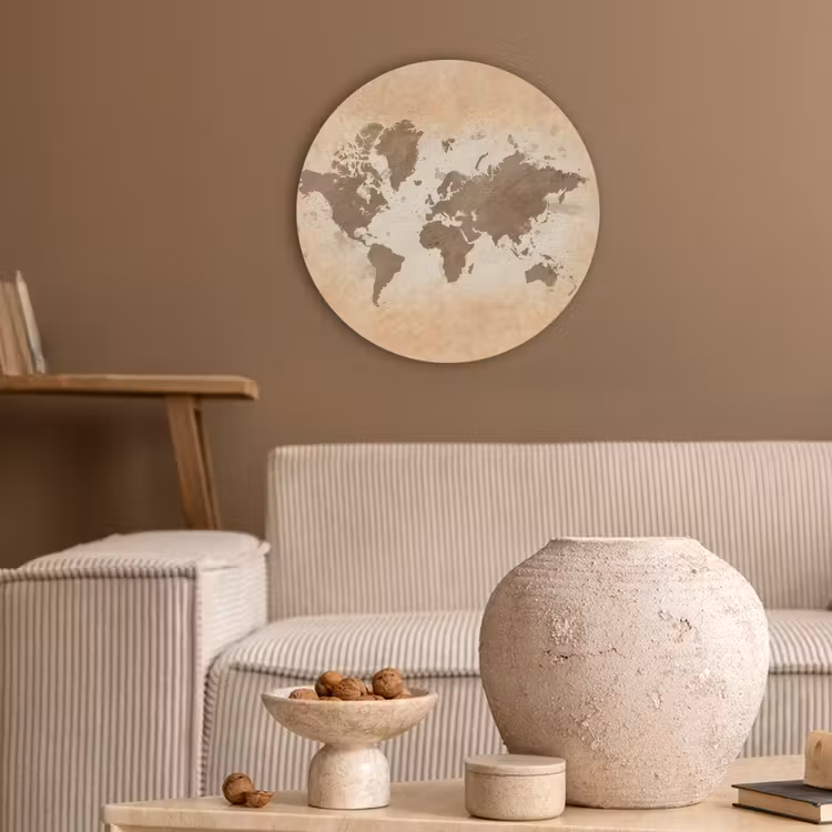 Wereldkaart - Beige - Bruin Akoestische PET Vilt - Rond klein -sfeer1