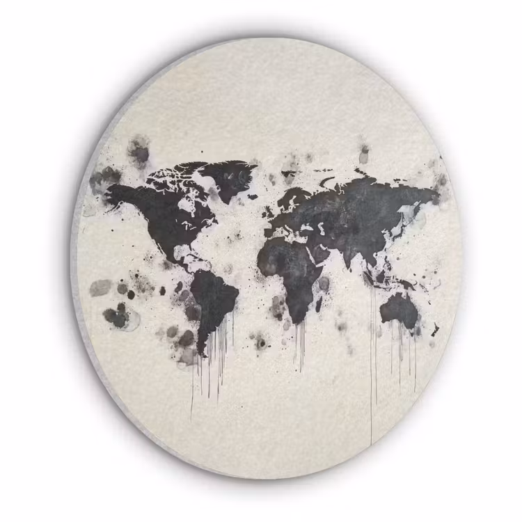 Wereldkaart - Zwart - Inkt Akoestische PET Vilt - Rond klein -3d