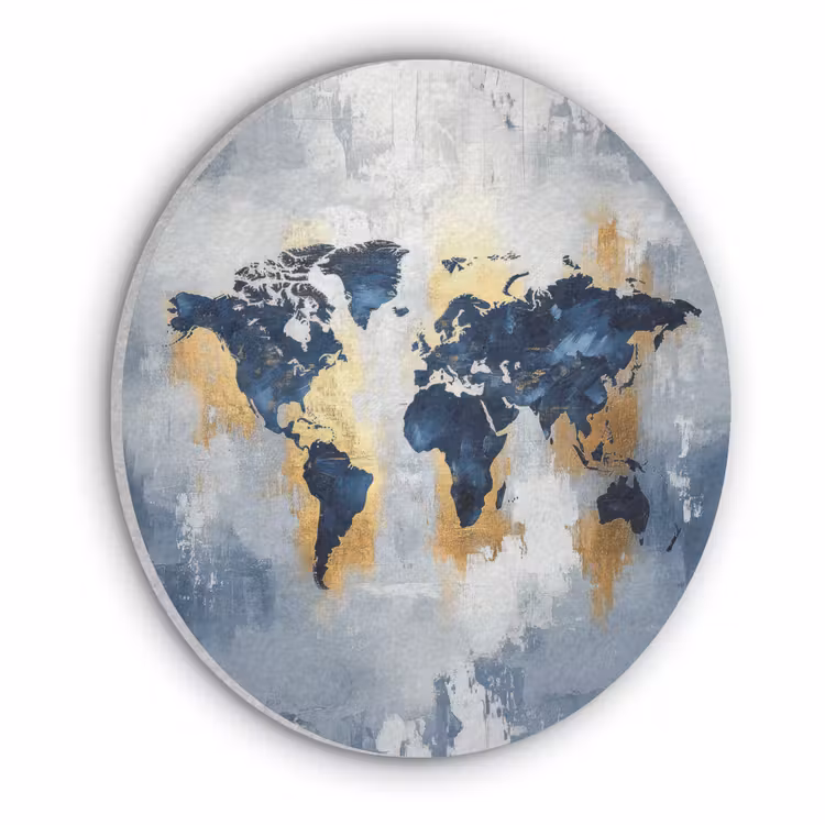 Wereldkaart - Blauw - Abstract Akoestische PET Vilt - Rond klein -3d