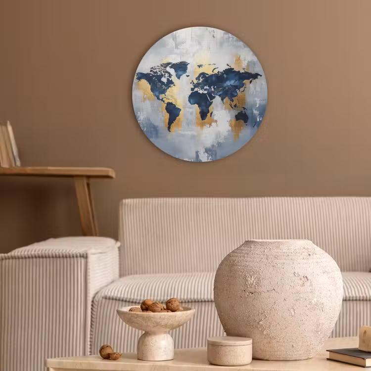 Wereldkaart - Blauw - Abstract Akoestische PET Vilt - Rond klein -sfeer1