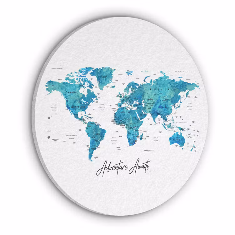 Wereldkaart - Blauw - Kleurrijk Akoestische PET Vilt - Rond klein -3d