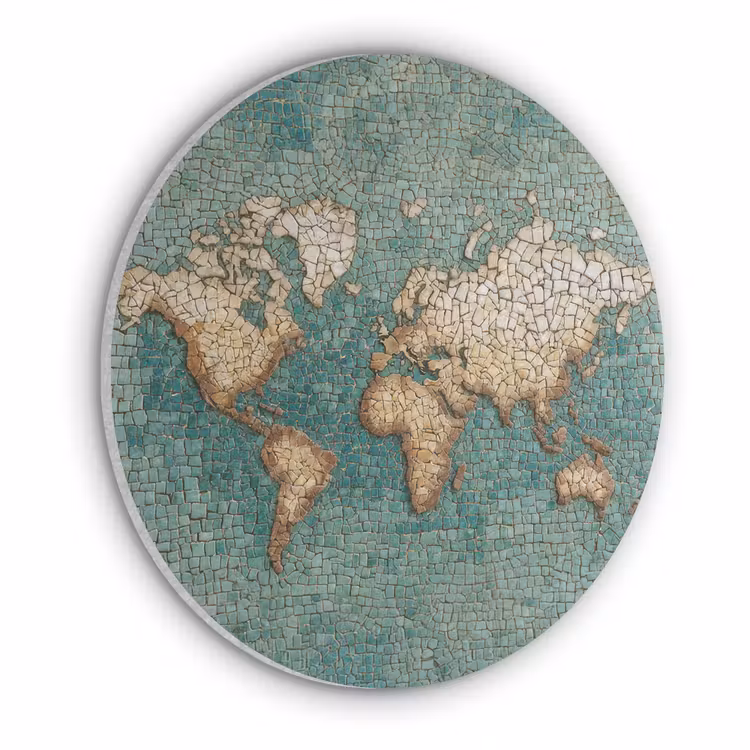 Wereldkaart - Gebroken tegels - Mozaïek Akoestische PET Vilt - Rond klein -3d