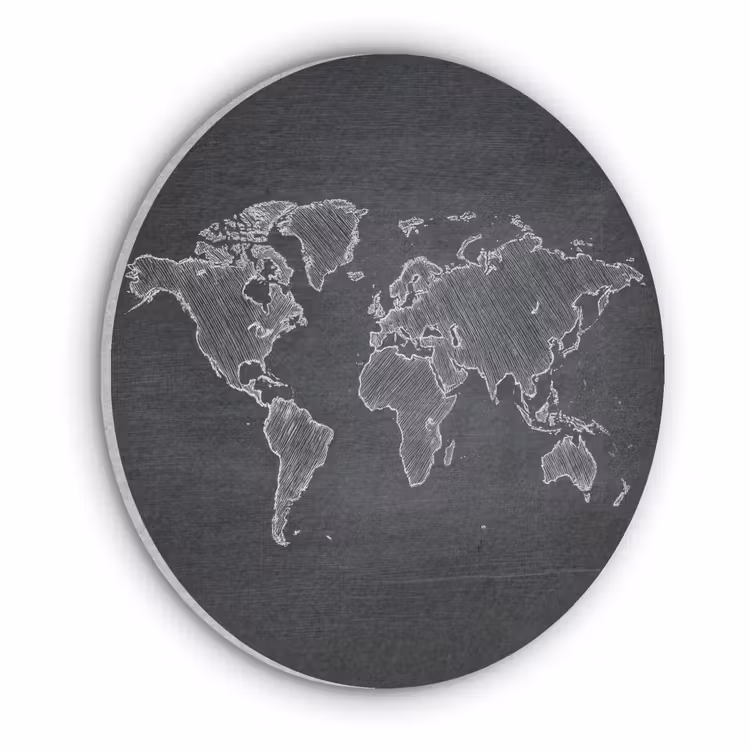 Wereldkaart - Krijt - Zwart - minimalistisch Akoestische PET Vilt - Rond klein -3d