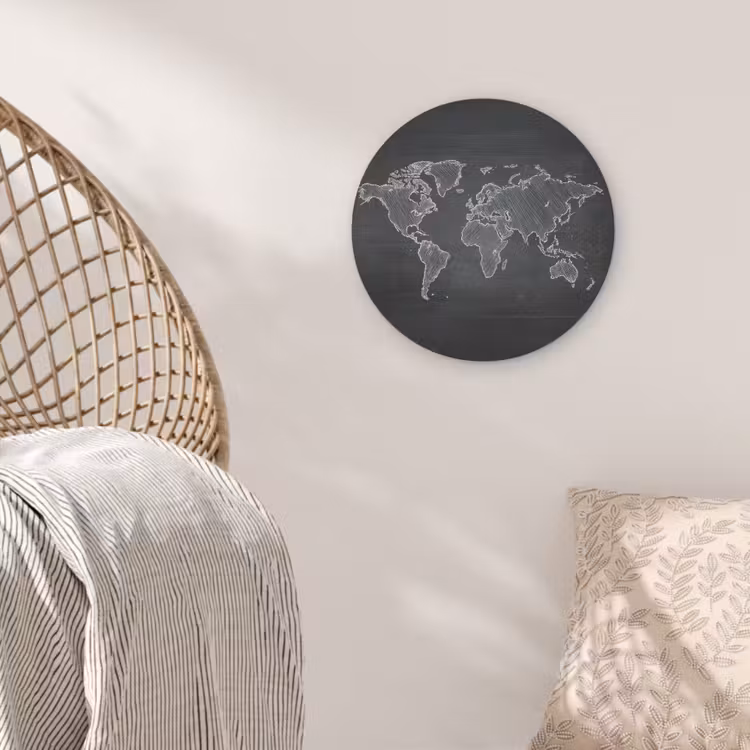 Wereldkaart - Krijt - Zwart - minimalistisch Akoestische PET Vilt - Rond klein -sfeer4