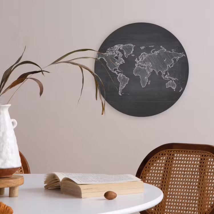 Wereldkaart - Krijt - Zwart - minimalistisch Akoestische PET Vilt - Rond klein -sfeer3