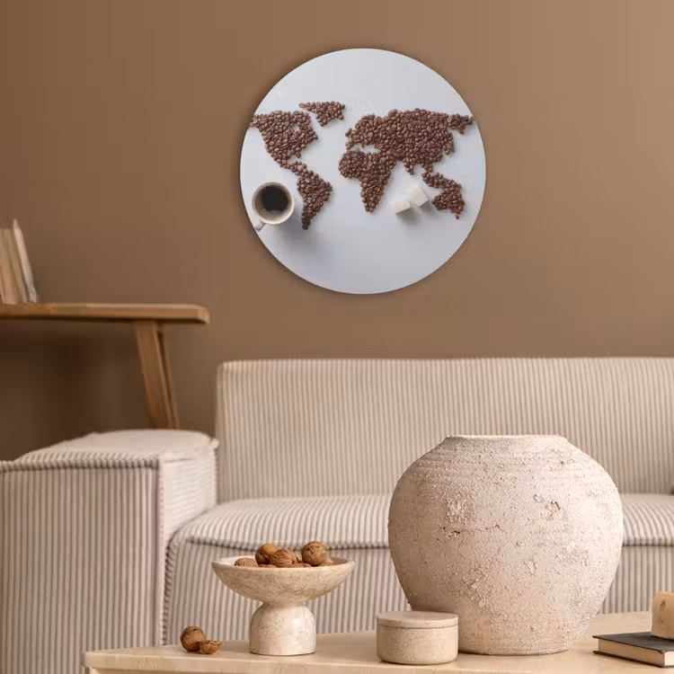 Wereldkaart - Koffiebonen - Suikerklontjes Akoestische PET Vilt - Rond klein -sfeer1