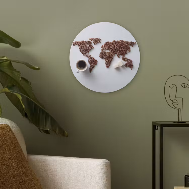 Wereldkaart - Koffiebonen - Suikerklontjes Akoestische PET Vilt - Rond klein -sfeer2
