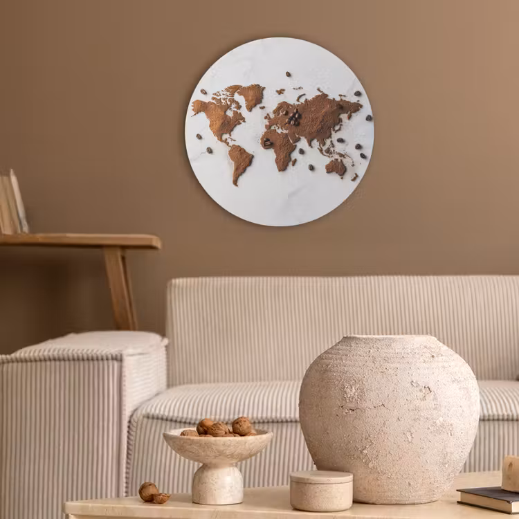 Wereldkaart - Koffie - Marmer Akoestische PET Vilt - Rond klein -sfeer1