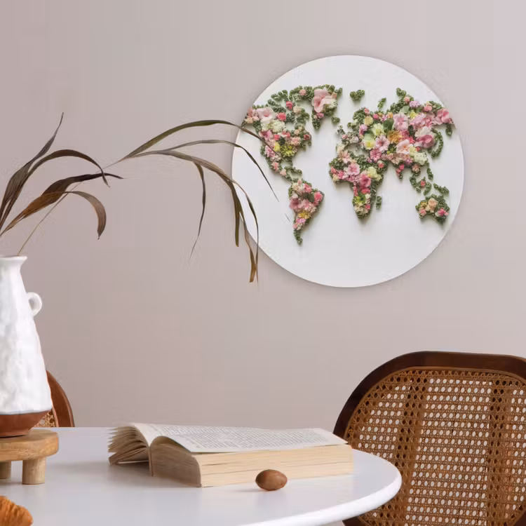 Wereldkaart - Kleurrijk - Bloemen - Lente Akoestische PET Vilt - Rond klein -sfeer3