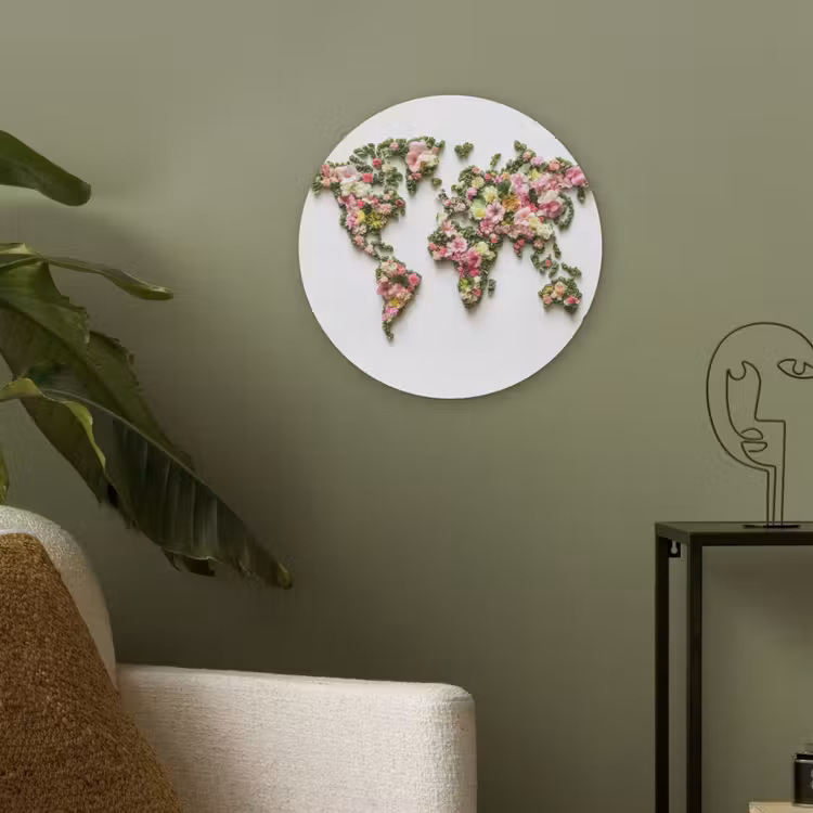 Wereldkaart - Kleurrijk - Bloemen - Lente Akoestische PET Vilt - Rond klein -sfeer2