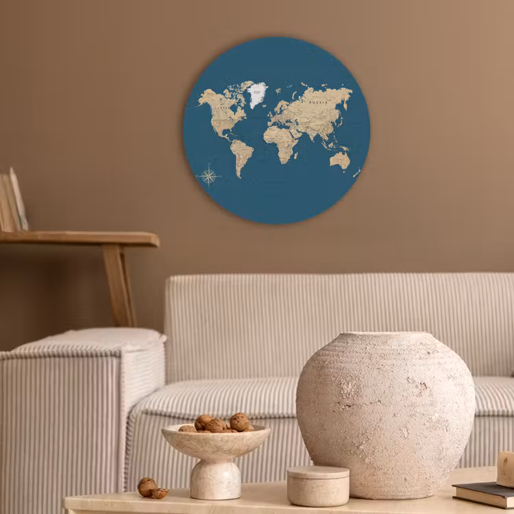 Wereldkaart - Donkerblauw - Beige Akoestische PET Vilt - Rond klein -sfeer1