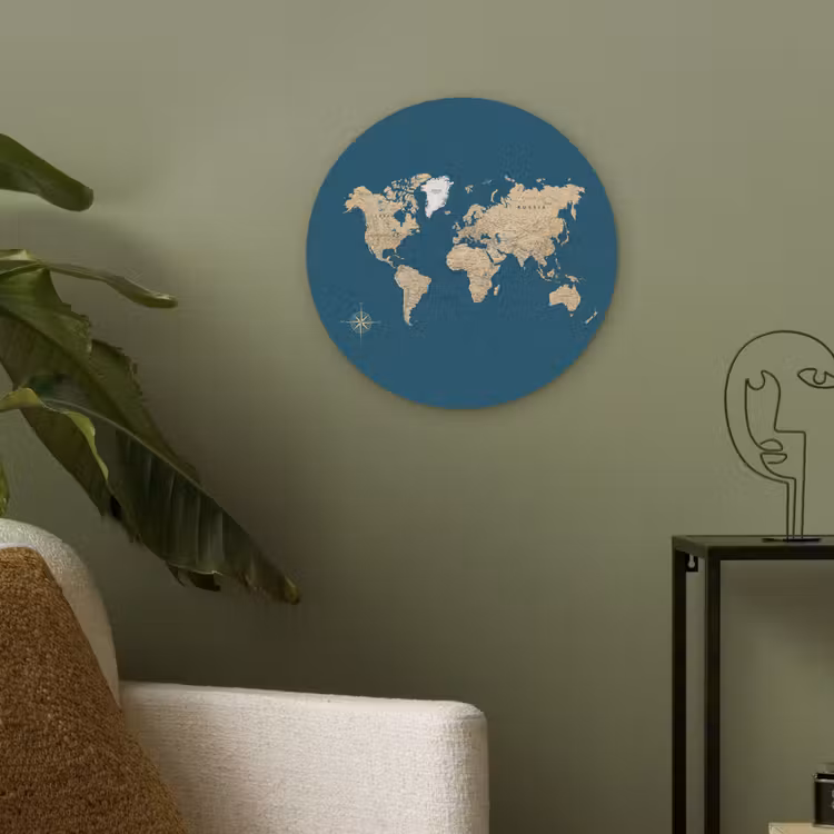 Wereldkaart - Donkerblauw - Beige Akoestische PET Vilt - Rond klein -sfeer2