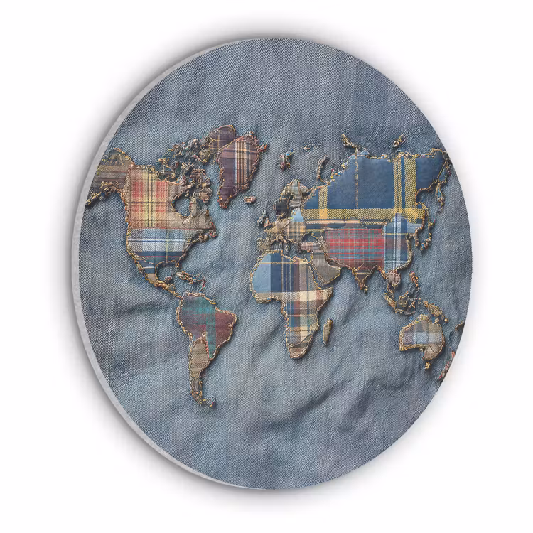 Wereldkaart - Denim - Textiel Akoestische PET Vilt - Rond klein -3d
