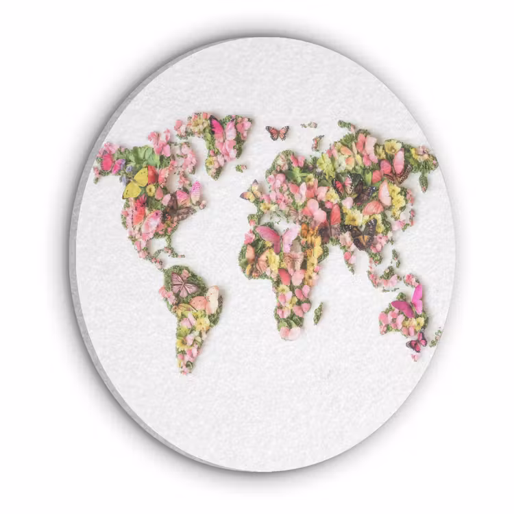 Wereldkaart - Bloemen - Felgekleurd Akoestische PET Vilt - Rond klein -3d