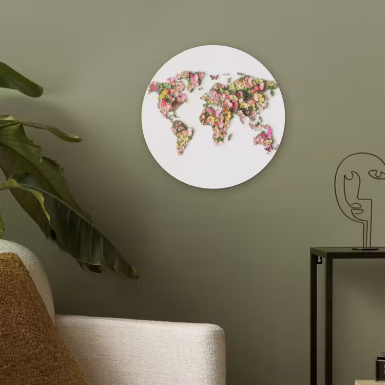 Wereldkaart - Bloemen - Felgekleurd Akoestische PET Vilt - Rond klein -sfeer2