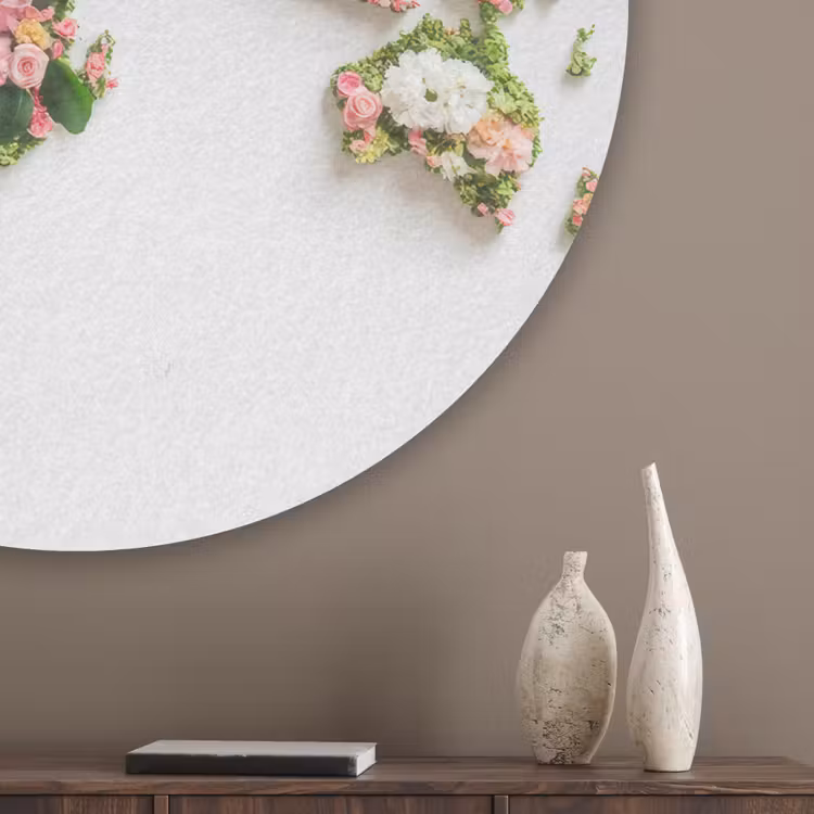 Wereldkaart - Bloemen - Subtiel Akoestische PET Vilt - Rond klein -sfeer5_closeup