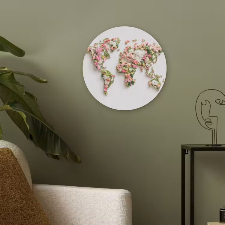 Wereldkaart - Bloemen - Subtiel Akoestische PET Vilt - Rond klein -sfeer2