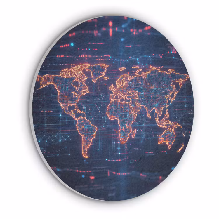 Wereldkaart - Futuristisch - Oranje Akoestische PET Vilt - Rond klein -3d