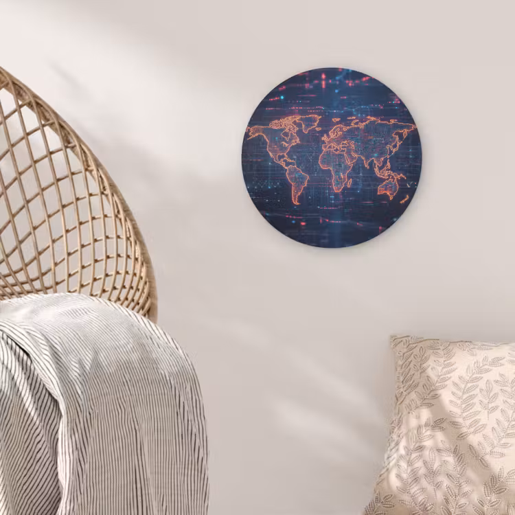 Wereldkaart - Futuristisch - Oranje Akoestische PET Vilt - Rond klein -sfeer4