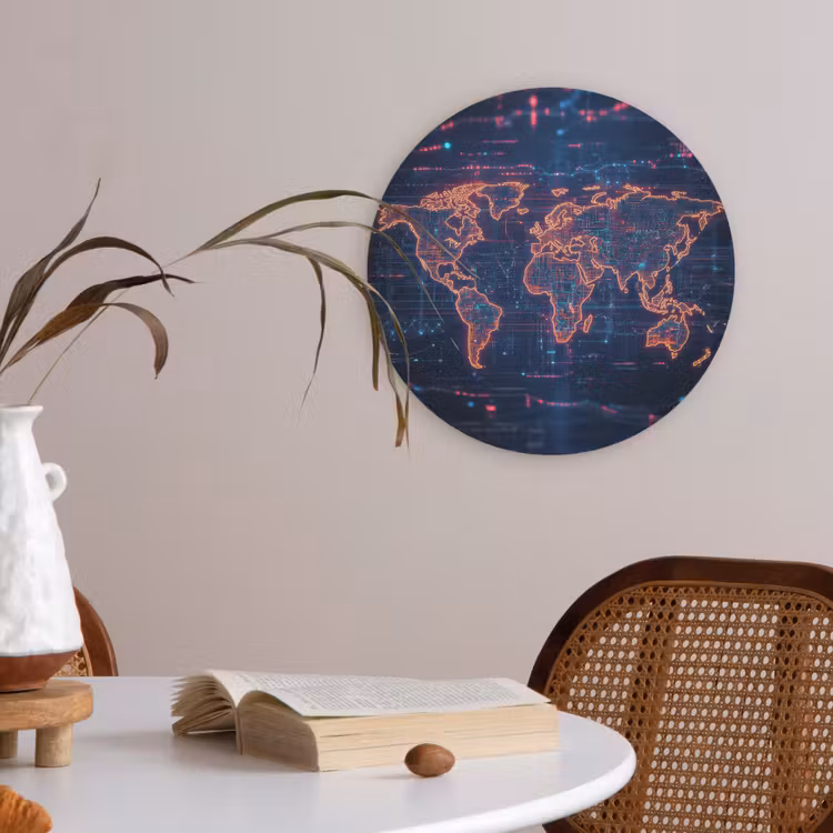 Wereldkaart - Futuristisch - Oranje Akoestische PET Vilt - Rond klein -sfeer3