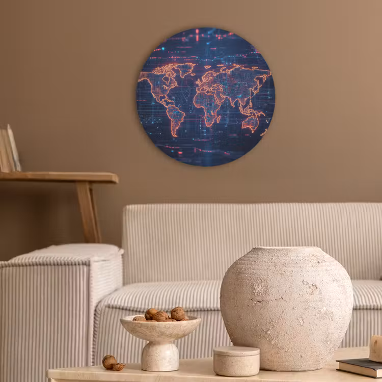 Wereldkaart - Futuristisch - Oranje Akoestische PET Vilt - Rond klein -sfeer1